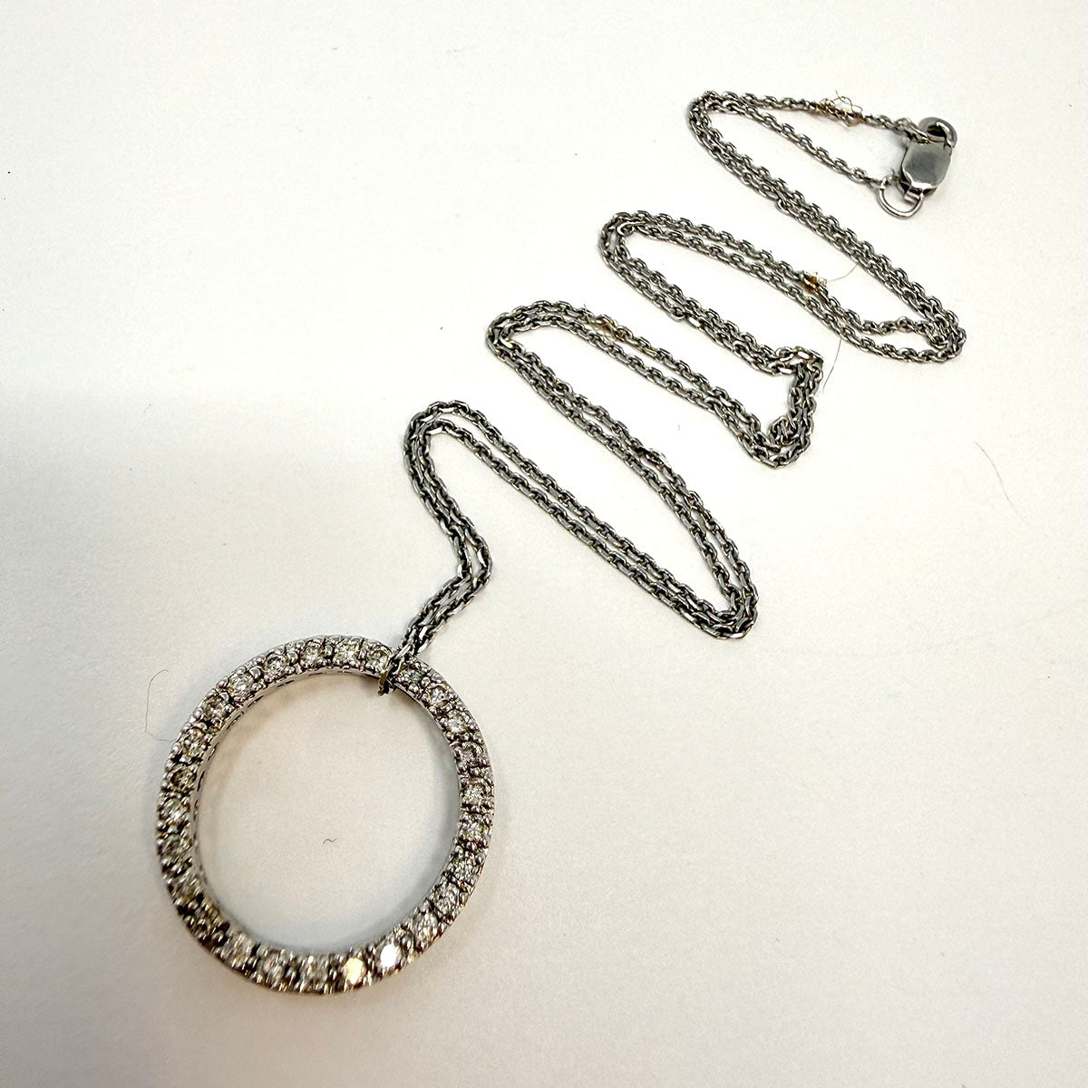 14K White Gold Necklace with Diamond Embellished Circle Pendant