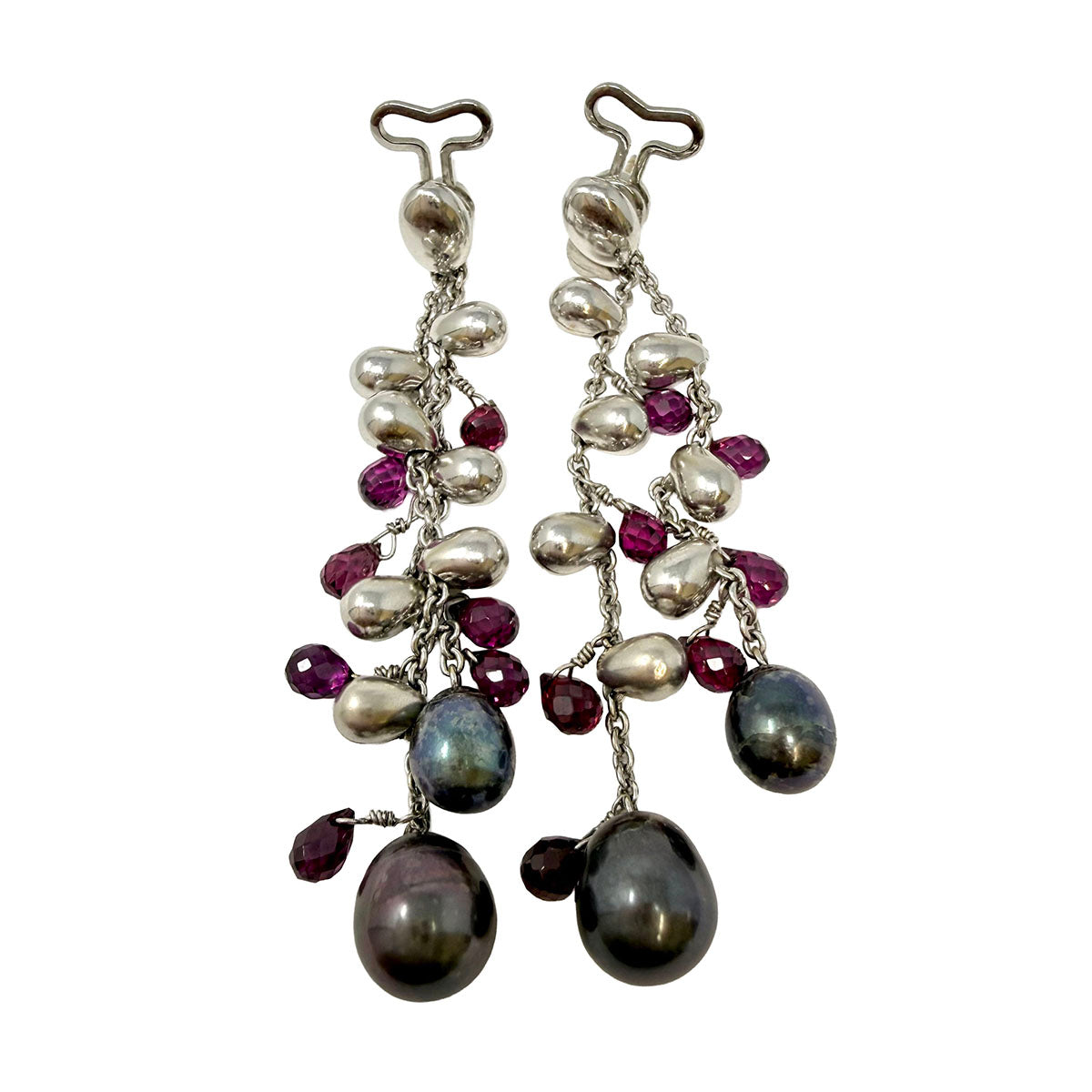Marco Bicego 18K Gold Drop Earrings with Pear Shaped Garnets and Black Pearls
