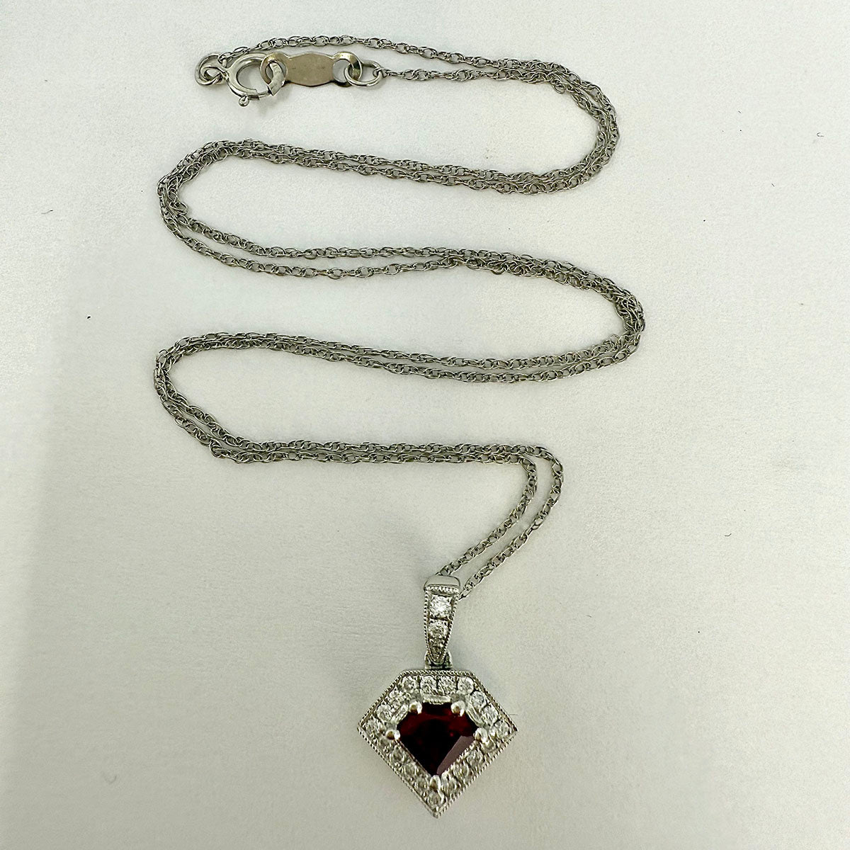 14K White Gold  Ruby and Diamond Pendant Necklace