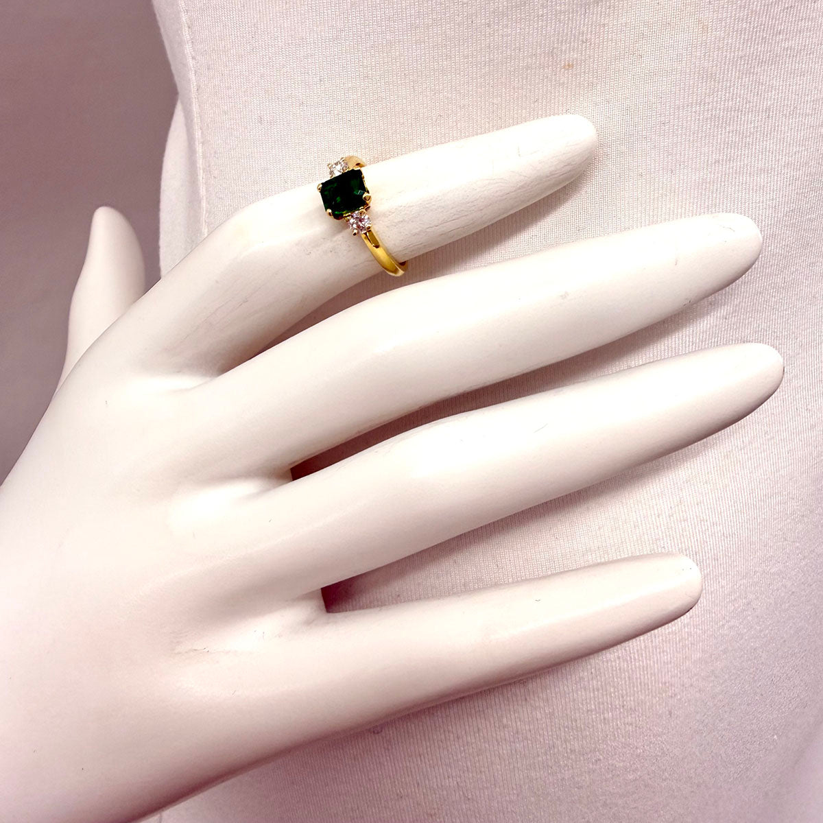 18K Gold Ring with Prong Set Emerald and 2 Diamonds
