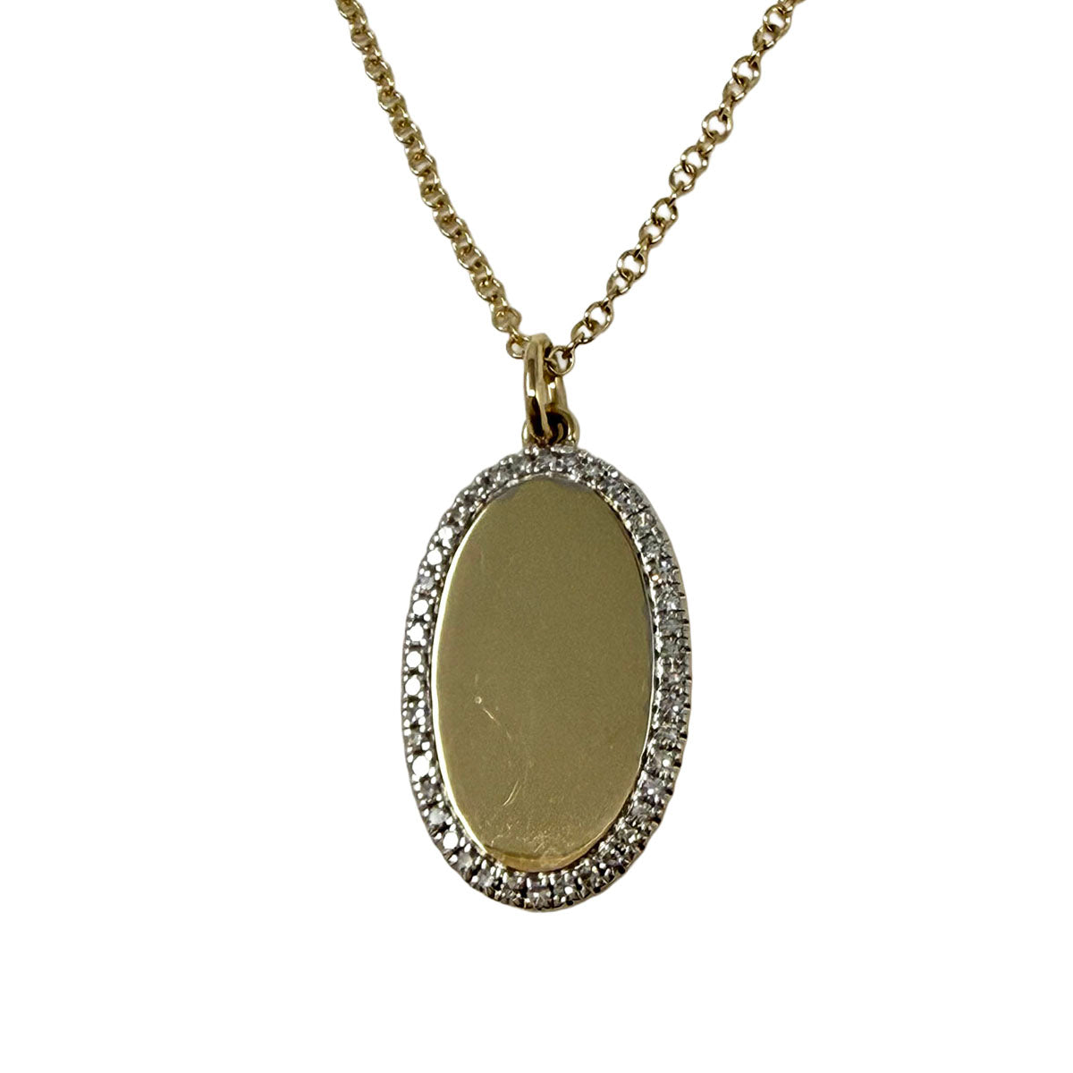14K Gold Necklace with Oval Pendant with Diamond Halo