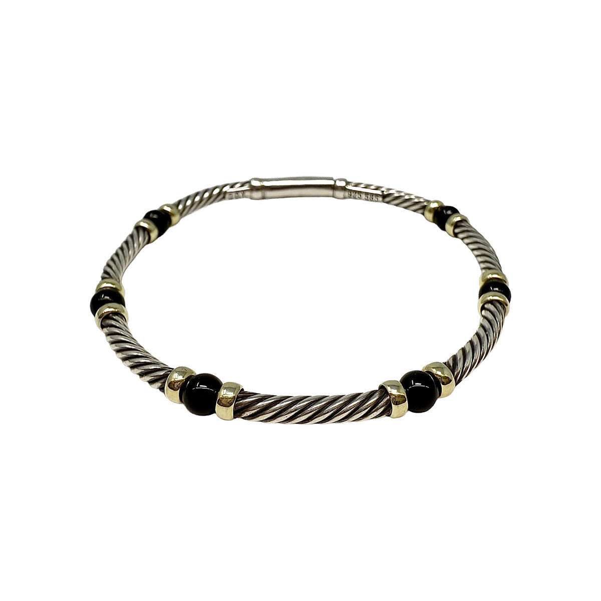 David Yurman Sterling Silver and 14K Gold  Onyx Hampton Cable Bracelet