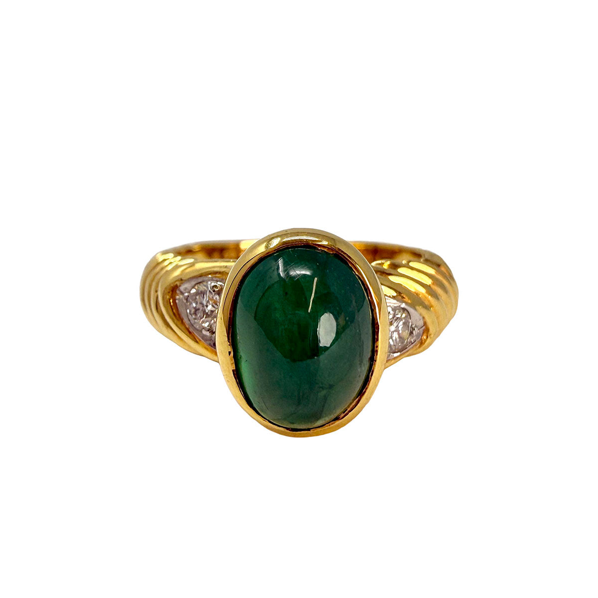 Montreaux 18K Gold and Platinum Ring with Emerald Cabochon and 2 Diamonds