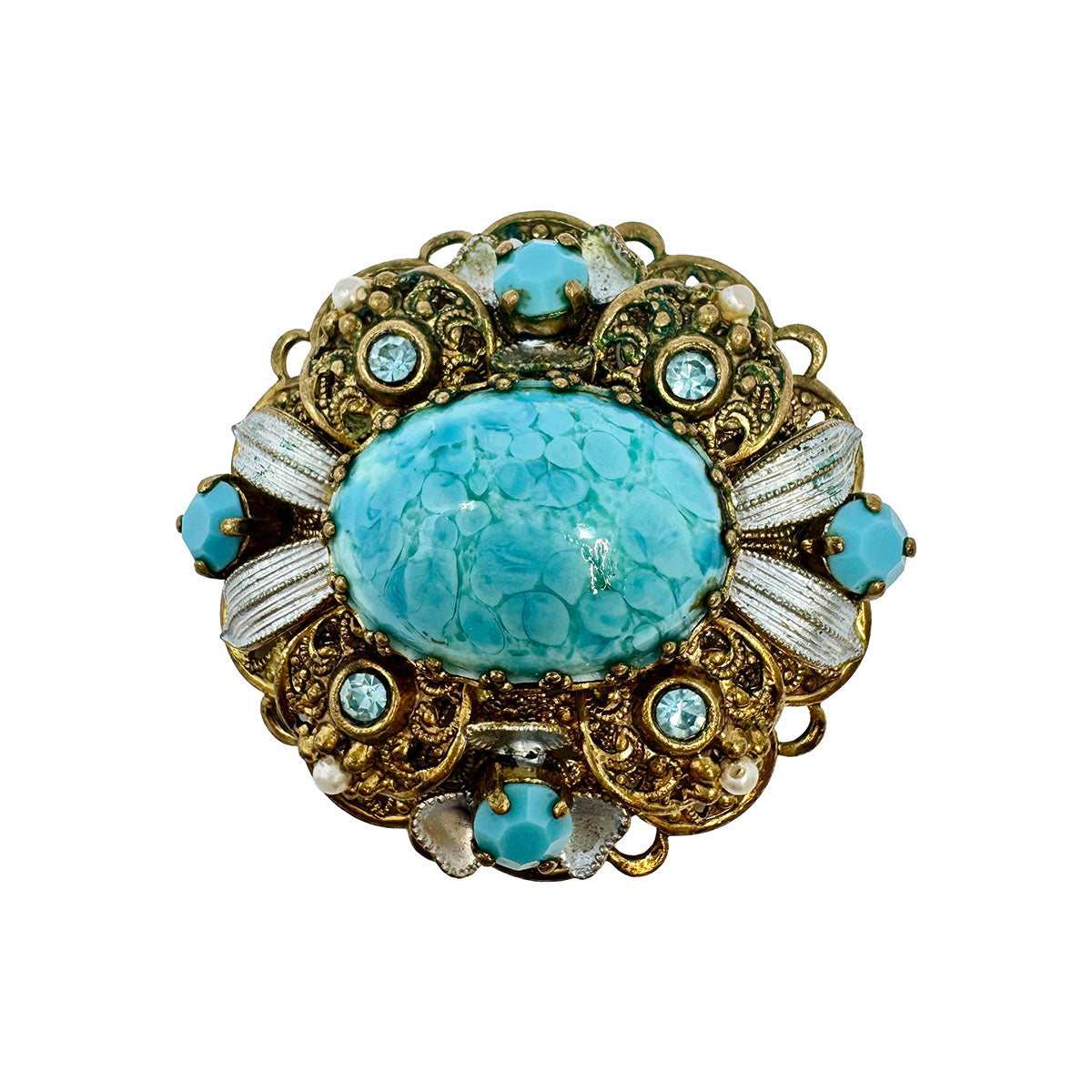 Vintage West German Filigree Brooch Pin with Turquoise GLass Rhinestones