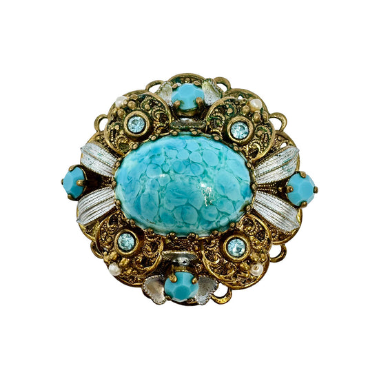 Vintage West German Filigree Brooch Pin with Turquoise GLass Rhinestones