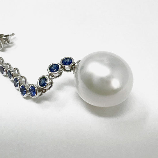 18K White Gold Drop Earrings with Sapphire and South Sea Pearl