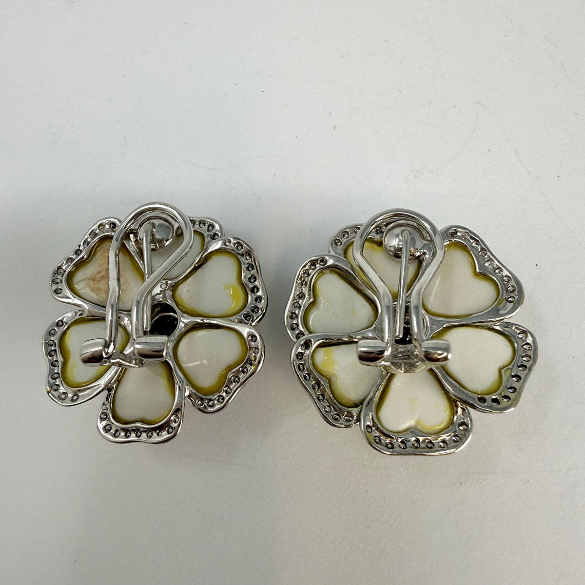 14K White Gold Three Dimensional Floral Shape Ceramic Earrings with Diamonds