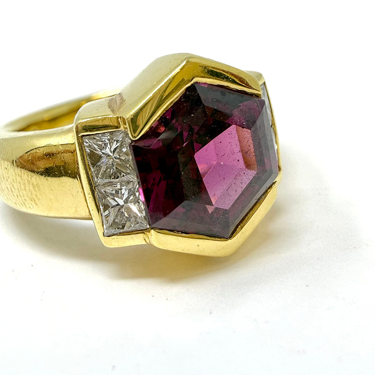 Susan Berman 18K Gold Hexagonal Shaped Ring with Rhodolite and Diamond
