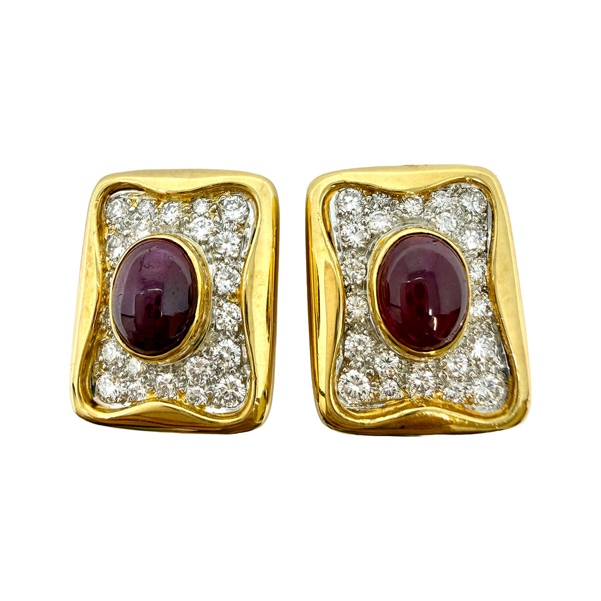 18K Gold Rectangular Clip-on Earrings with Oval Cabochon Ruby