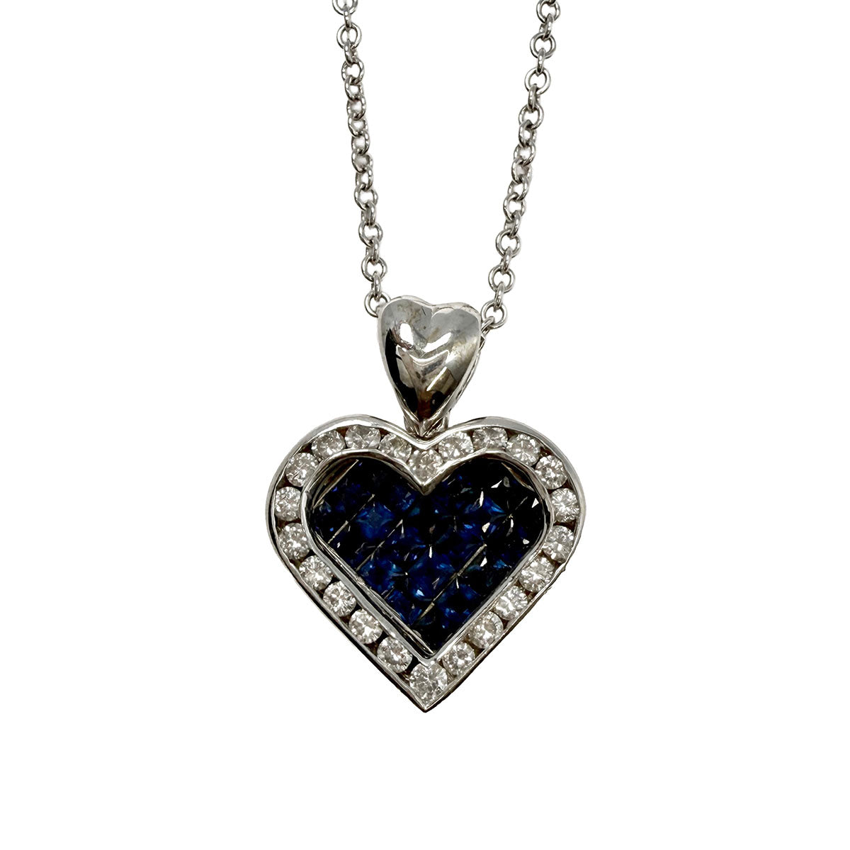 14K White Gold Necklace with Sapphire and Diamond Heart Pendant