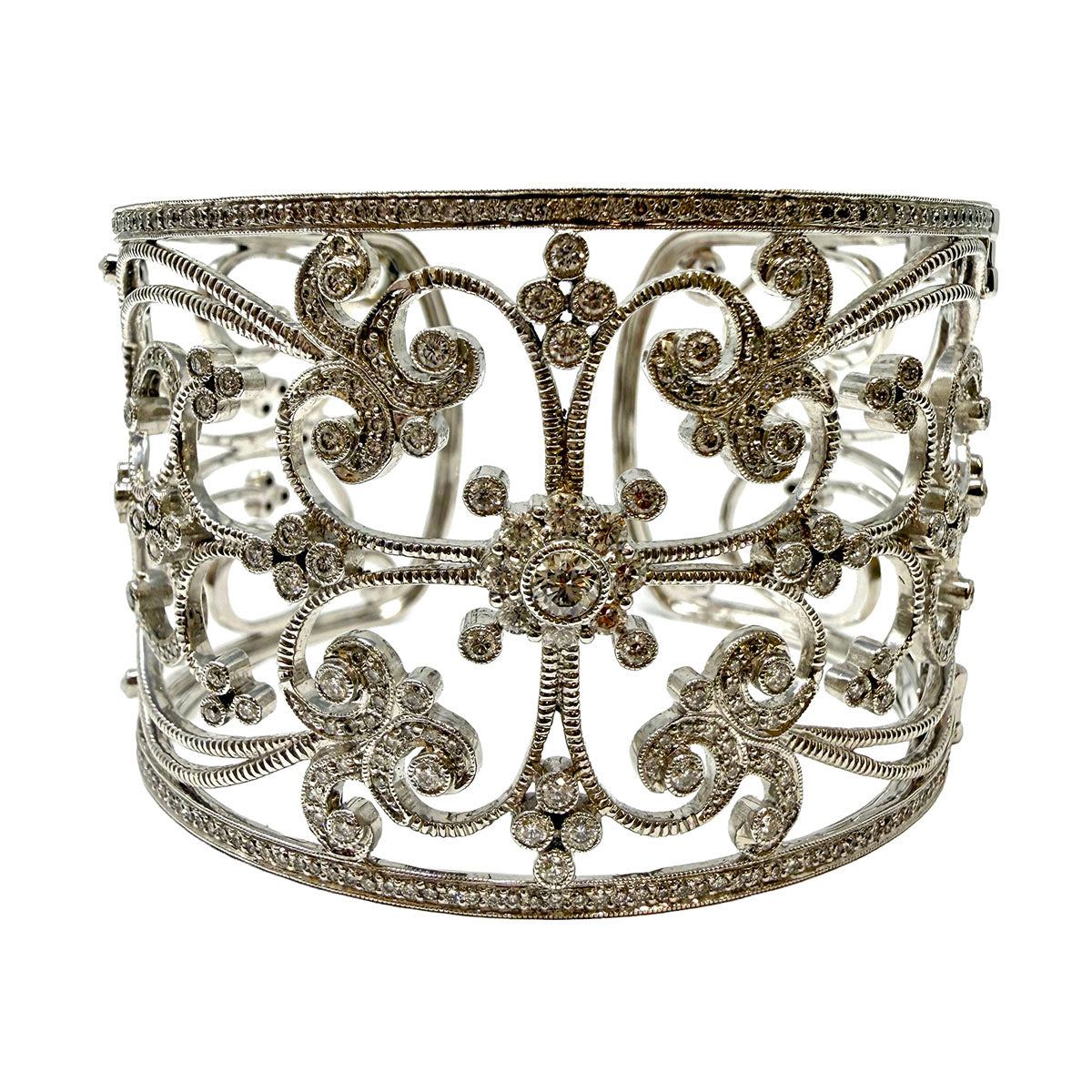 Leslie Greene Wide 18K White Filigree Diamond Cuff Bracelet - appraisal