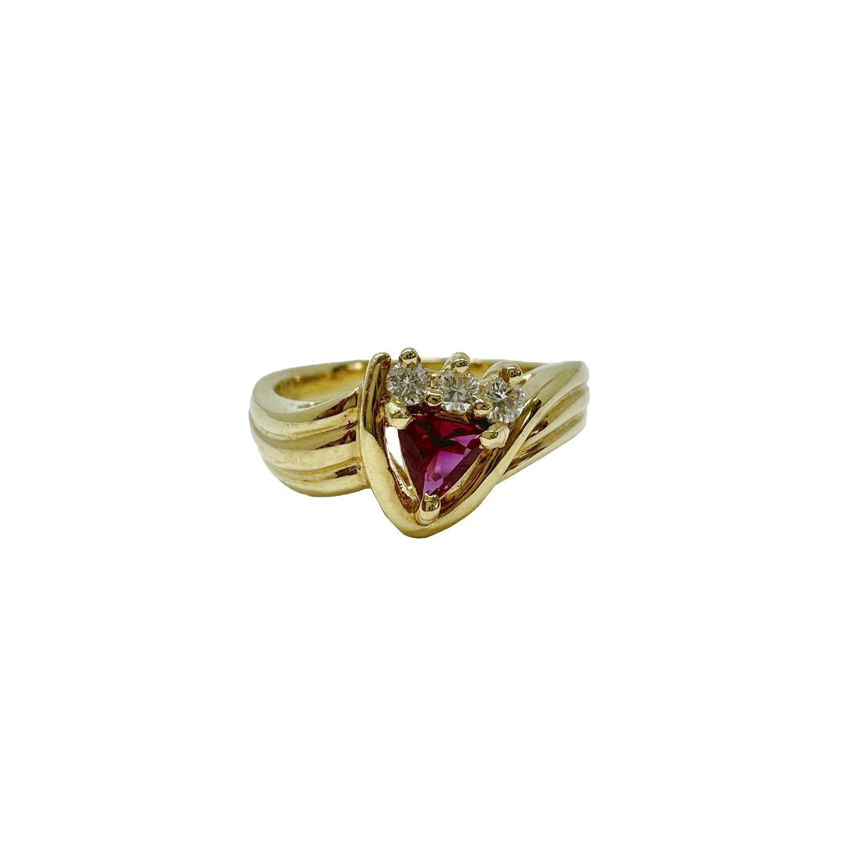 18K Gold Ring with Triangular Ruby and 3 Baguette Diamonds