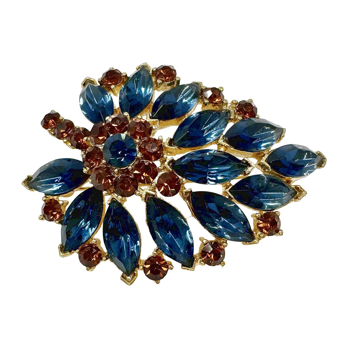 Weiss Vintage Blue and Brown Crystal Leaf Pin