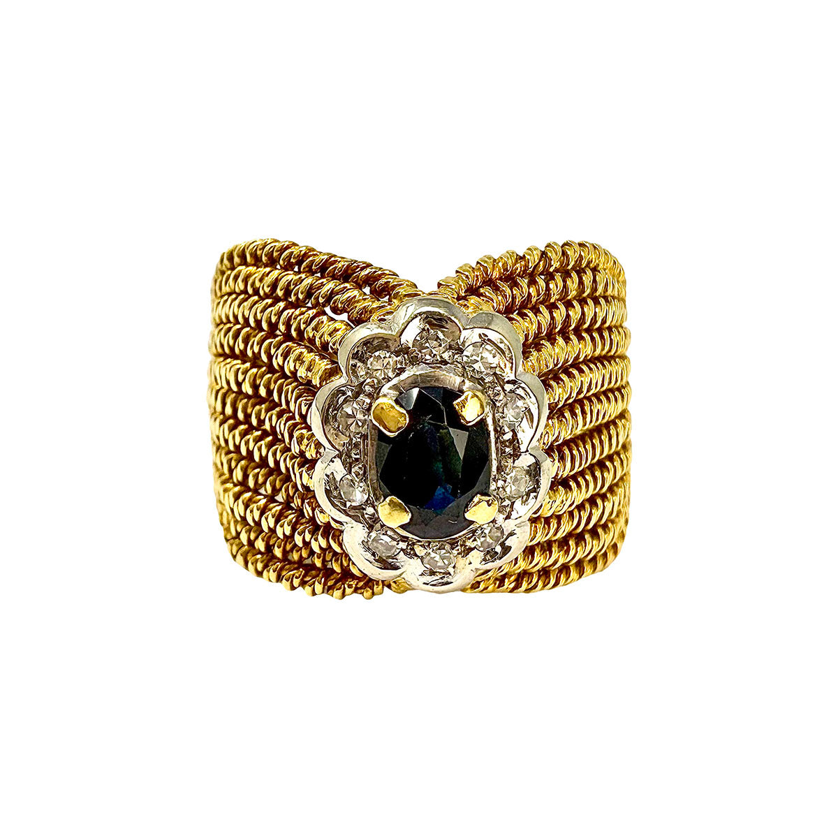 18K Gold Rope Ring with Sapphire and Diamond