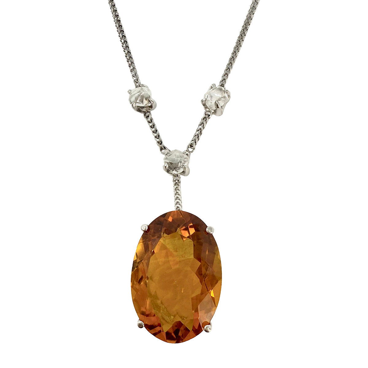 14K White Gold Necklace with Citrine and 3 Raw Diamonds