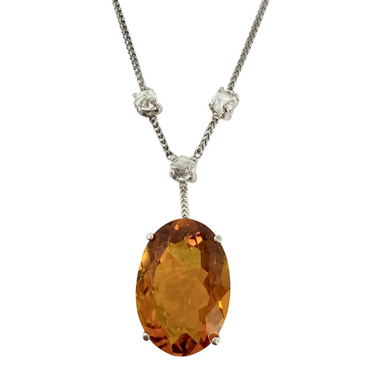 14K White Gold Necklace with Citrine and 3 Raw Diamonds