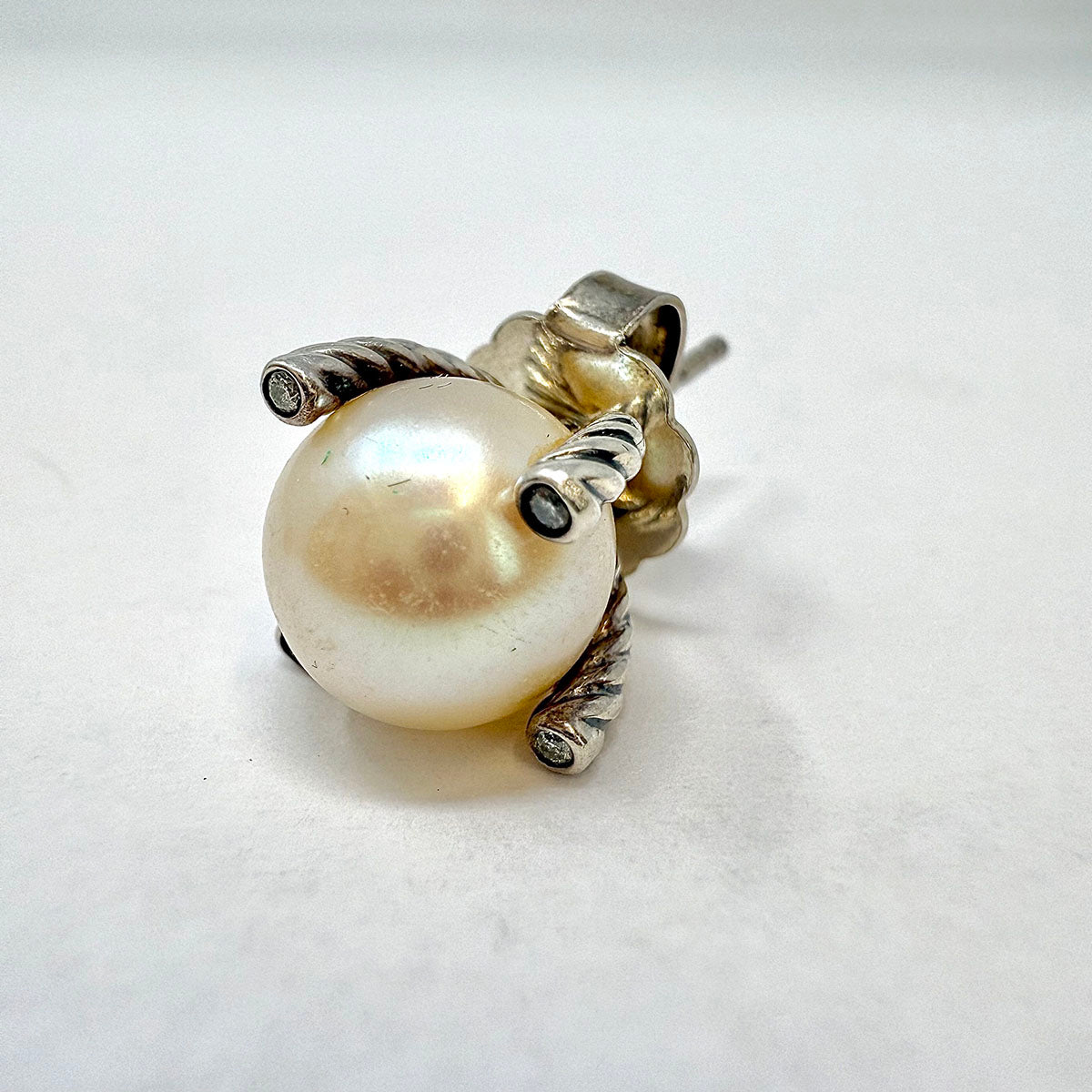 David Yurman Sterling Silver Pearl and Diamond Cable Stud Earrings