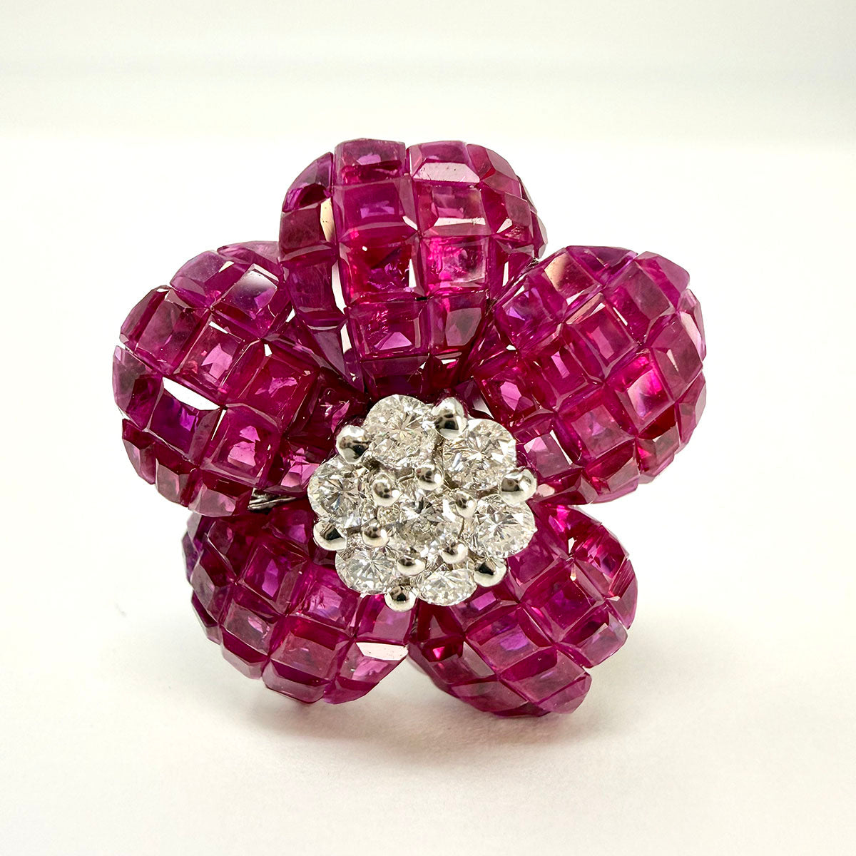 18K White Gold  Floral Earrings with Ruby and Diamond