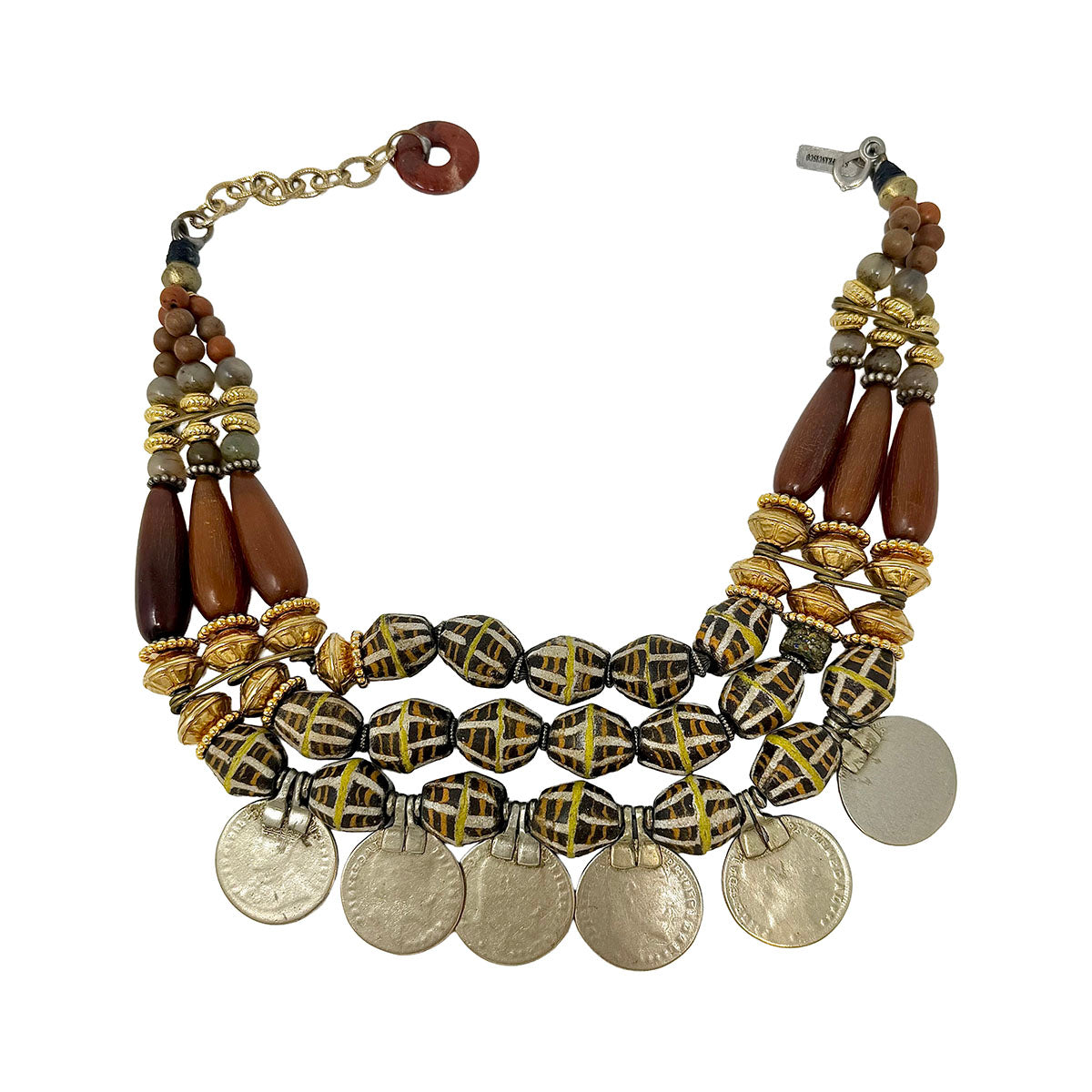 Masha Archer 3 Strand Quartz, Painted African Trade & Gold Bead Necklace