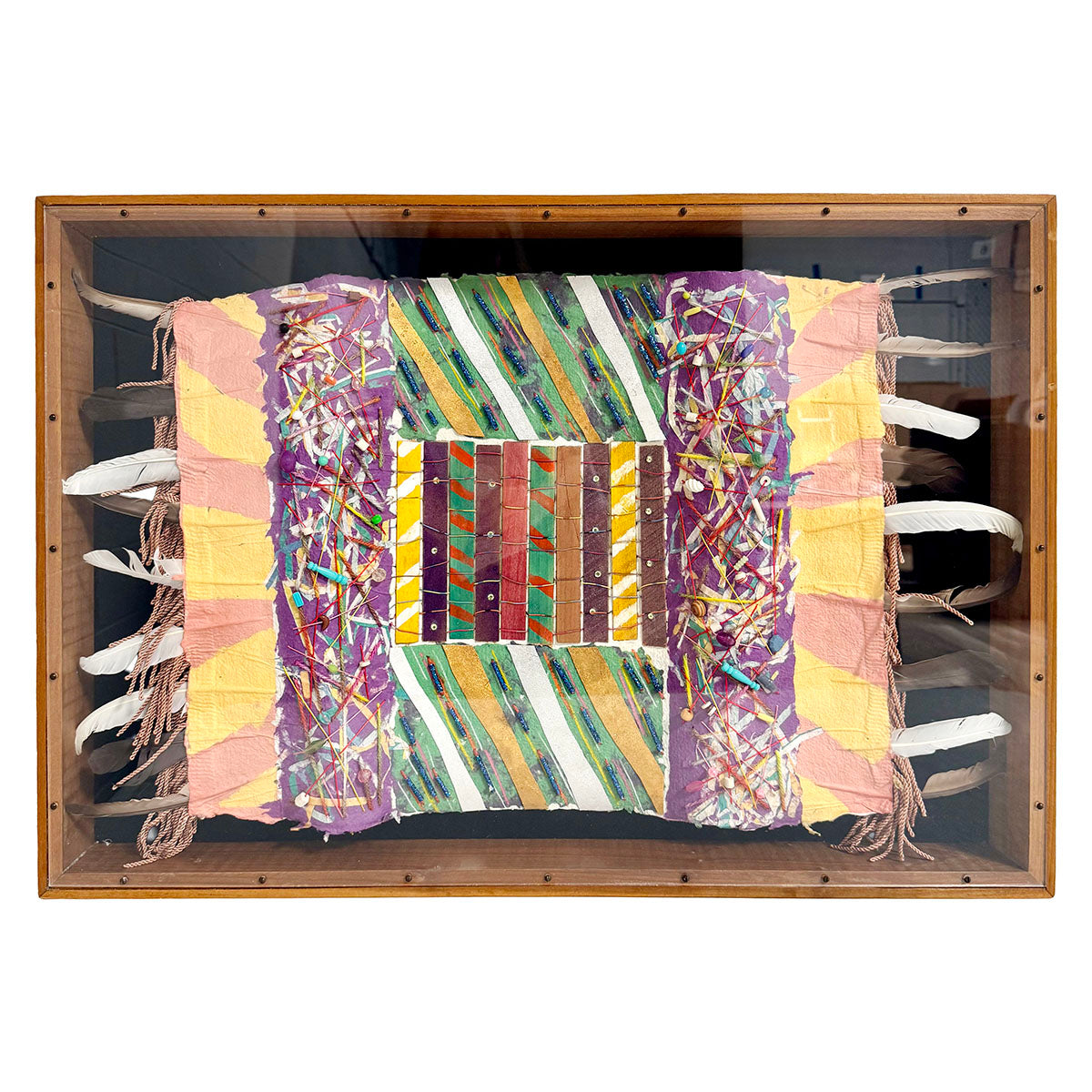Mixed Media Textile Art with Feathers, Signed and Dated on Reverse