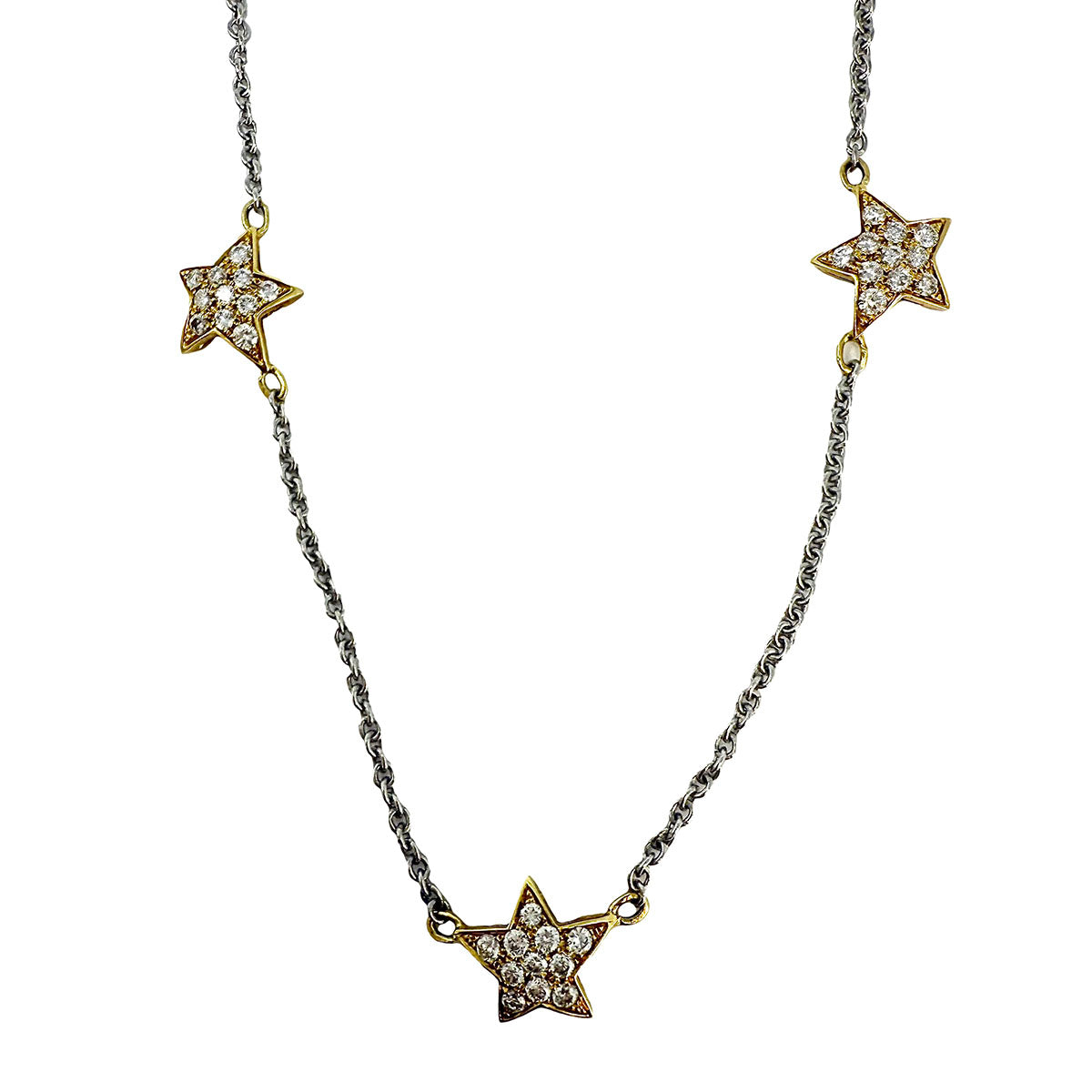 18K White Gold  Necklace with 3 Yellow Gold Stars with Diamonds