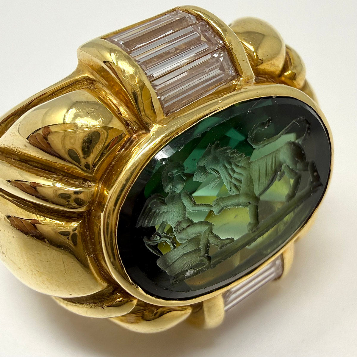 Susan Berman 18K Gold Ring with Oval Carved Intaglio Eros and Lion Tourmaline