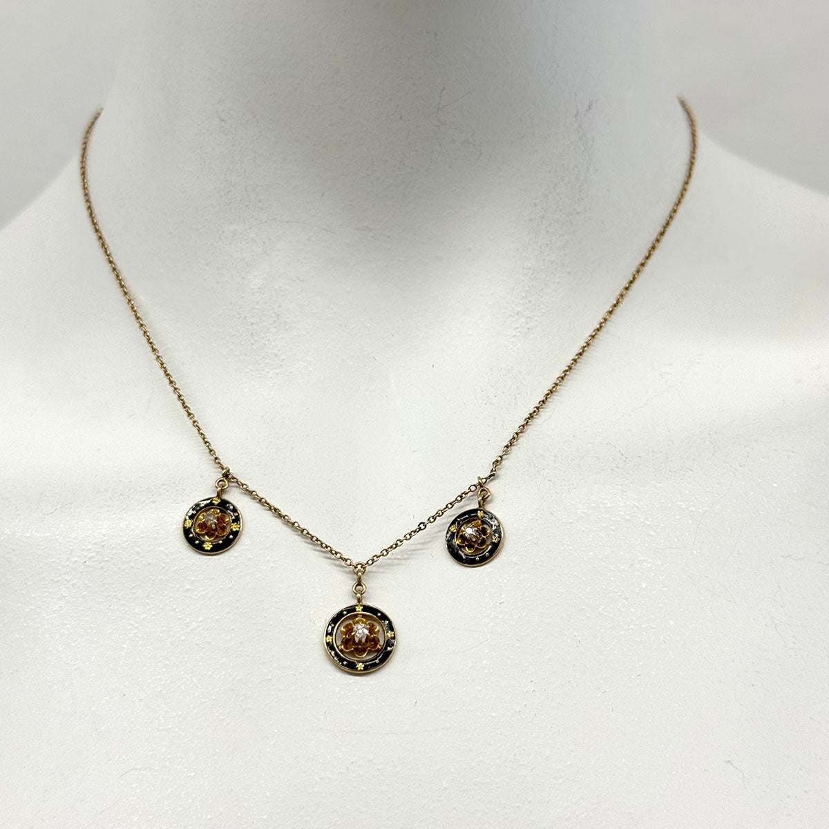 Vintage 10K Two-tone Rose and Yellow Gold Necklace with 3 Medallion Drops