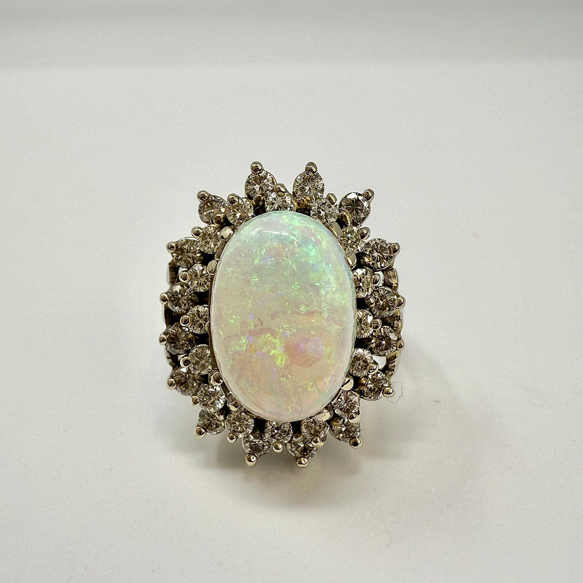 14K White Gold Ring with Opal and Diamond