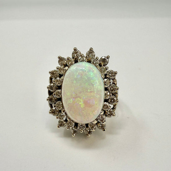 14K White Gold Ring with Opal and Diamond