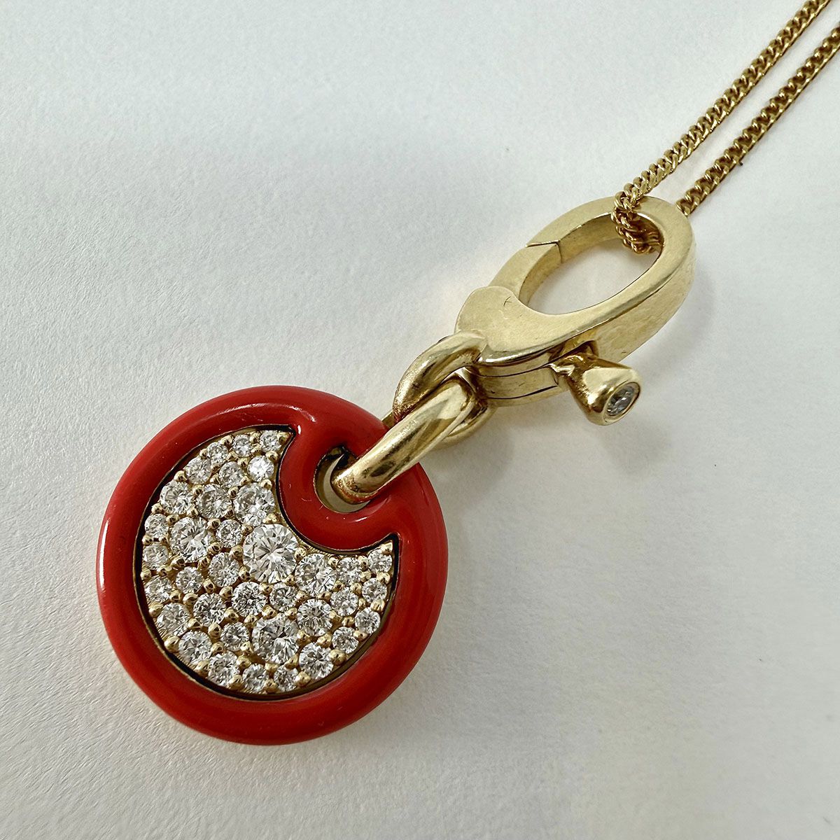14K Gold Necklace with Diamond Embellished Disc Pendant with Red Enamel Trim