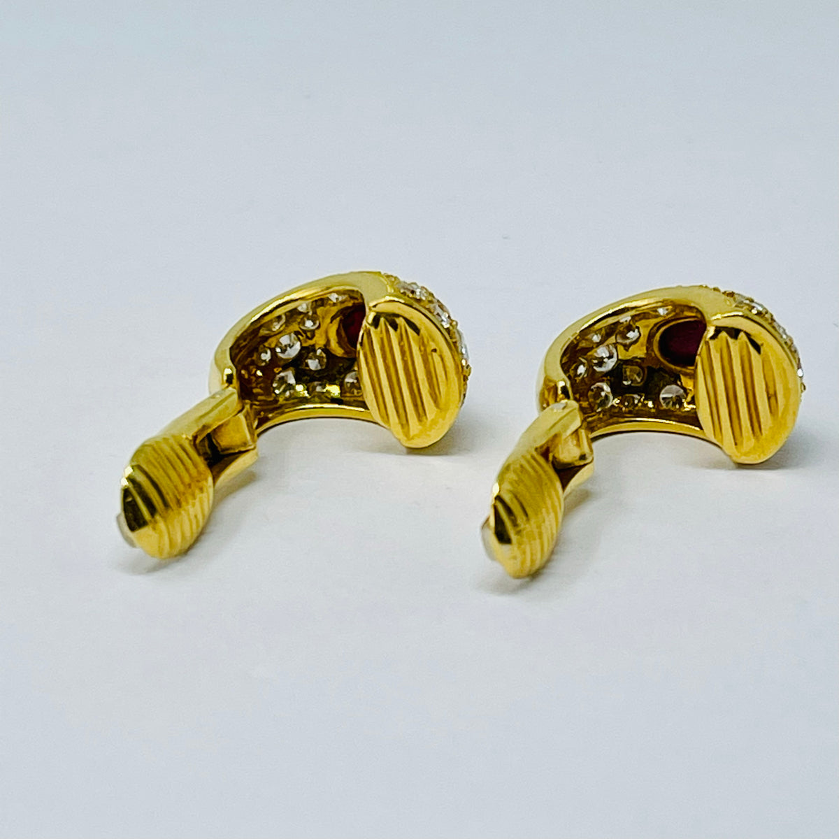 18K Gold Huggie Clip-on  Earrings with Oval Rubies and Brilliant Cut Diamonds