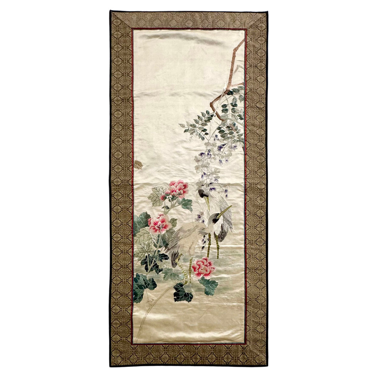 Embroidered Silk Tapestry Featuring Cranes