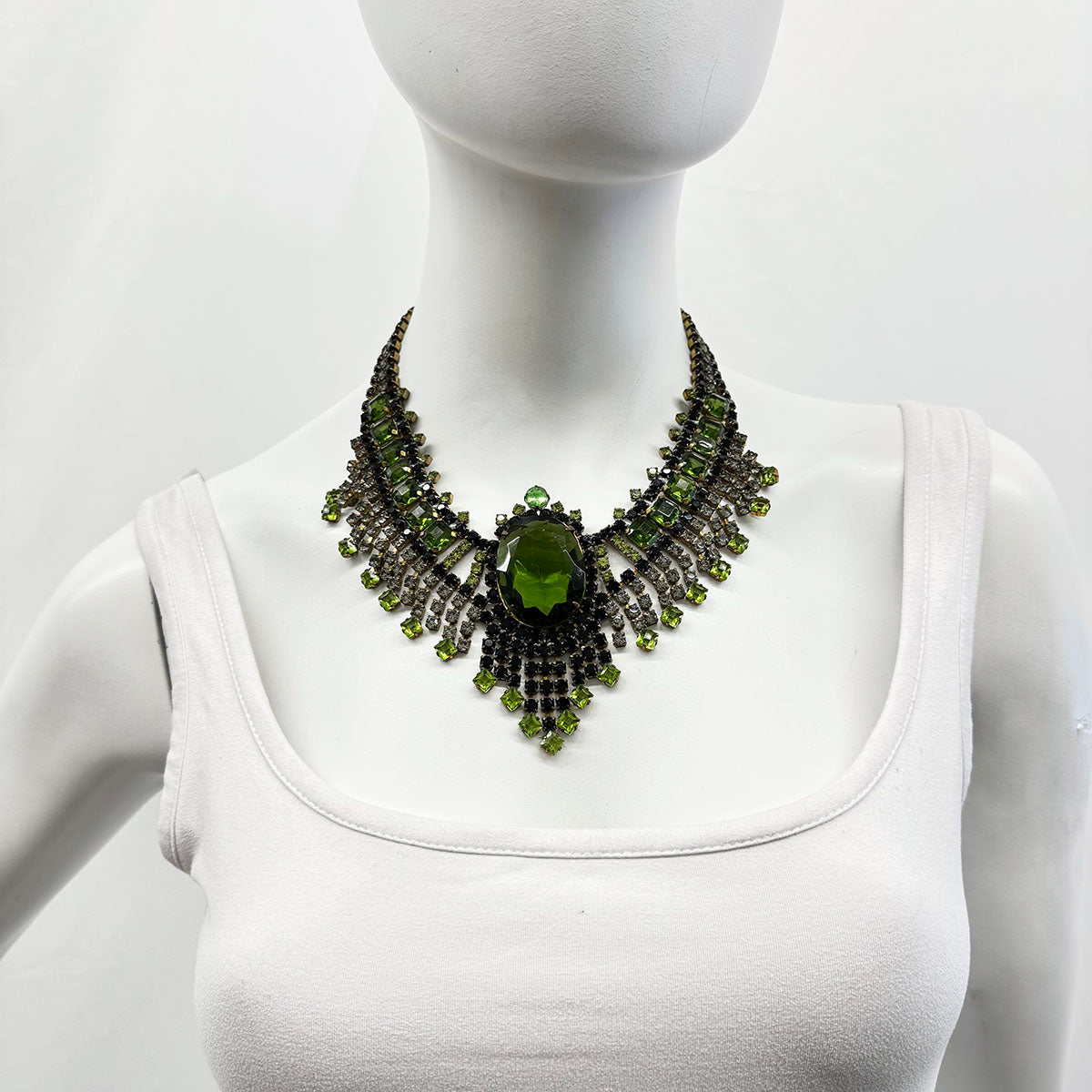 Egyptian Revival Green Crystal and Rhinestone Bib Necklace