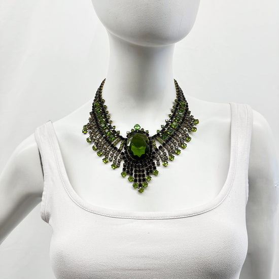 Egyptian Revival Green Crystal and Rhinestone Bib Necklace