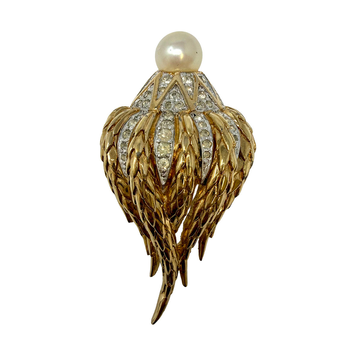 D'Orlan Gold-tone Shell Brooch with Rhinestones and Faux Pearl