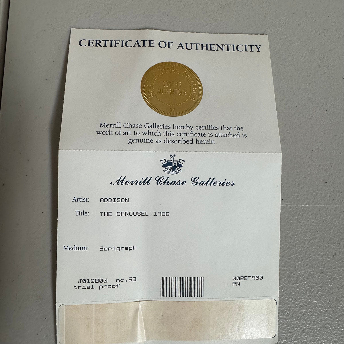 "The Carousel" 1986 Trial Proof, Signed COA Included