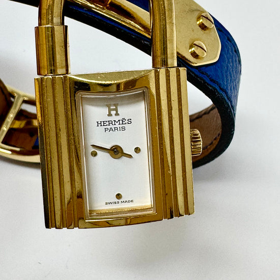 Hermes 2014 Kelly Watch with Blue Leather Strap and Gold-plated Hardware