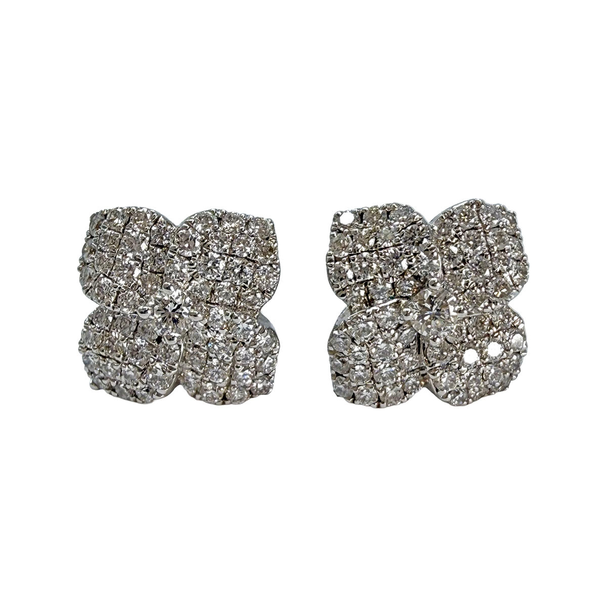 14K White Gold  Floral Pave Diamond Stud Earrings