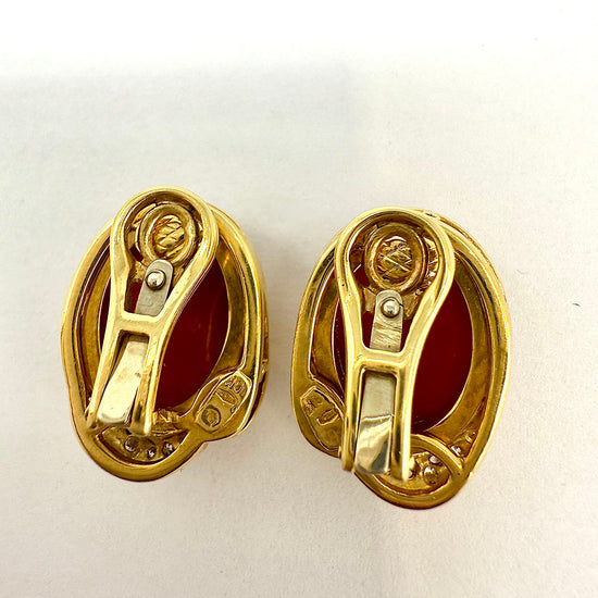 Vendorafa 18K Gold Oval Coral and Diamond Earrings