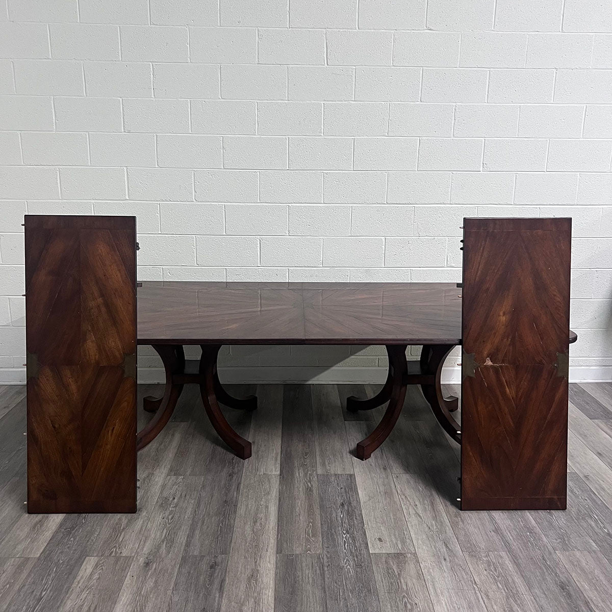 2 Pedestal Wood Dining Table With Brass Emblems