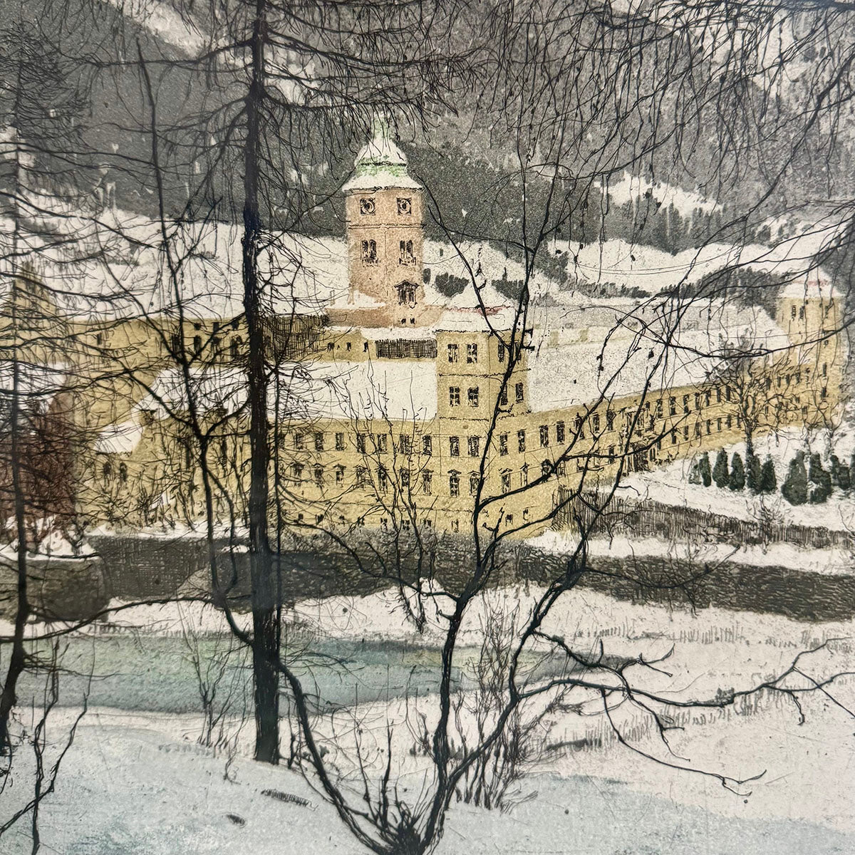 Framed Etching / Aquatint  "Lilienfield Monastery in Snow"