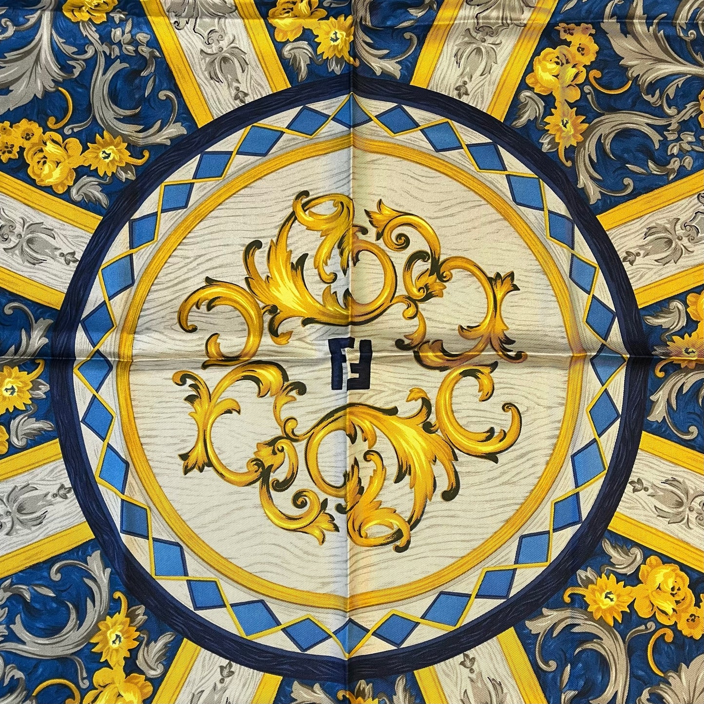 Fendi Navy and Yellow  Silk Scarf