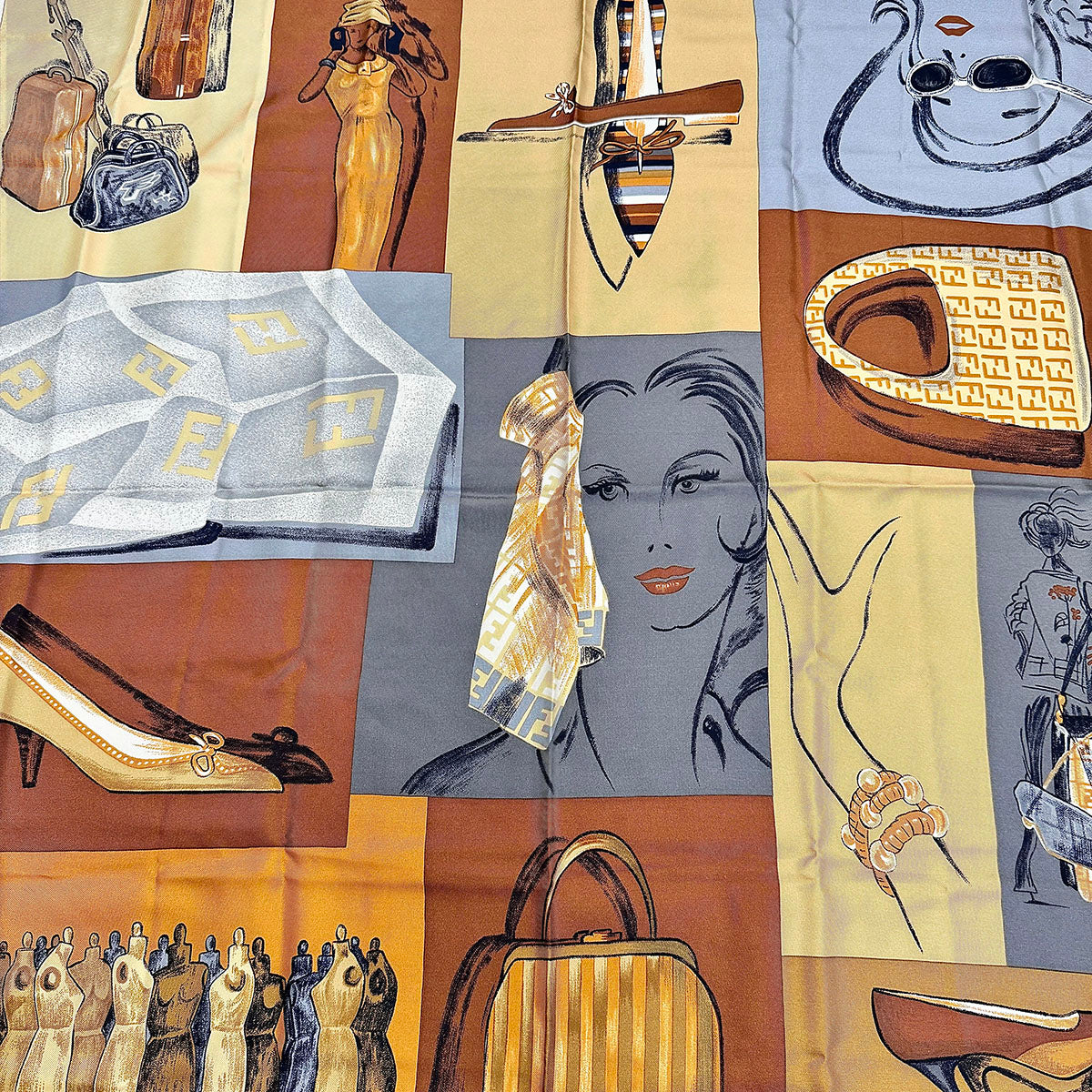 Fendi Scarf Featuring a Collage of Fendi Elements
