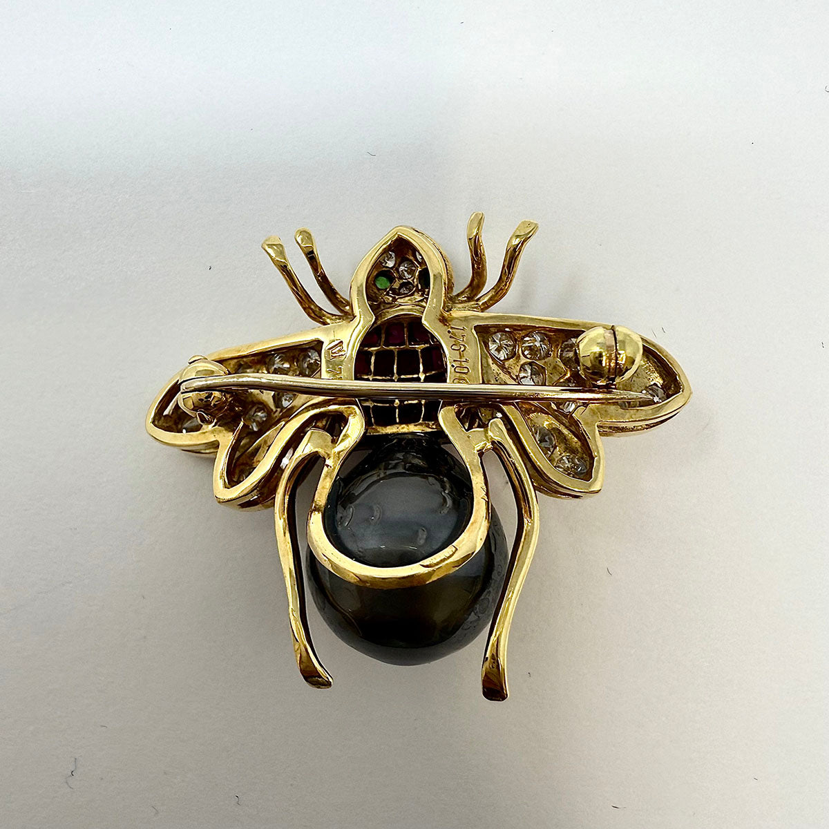 18K Gold Bee Pin with Tahitian Peal, Diamond, Ruby and Tsavorites