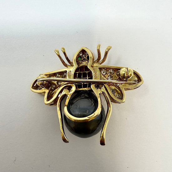 18K Gold Bee Pin with Tahitian Peal, Diamond, Ruby and Tsavorites