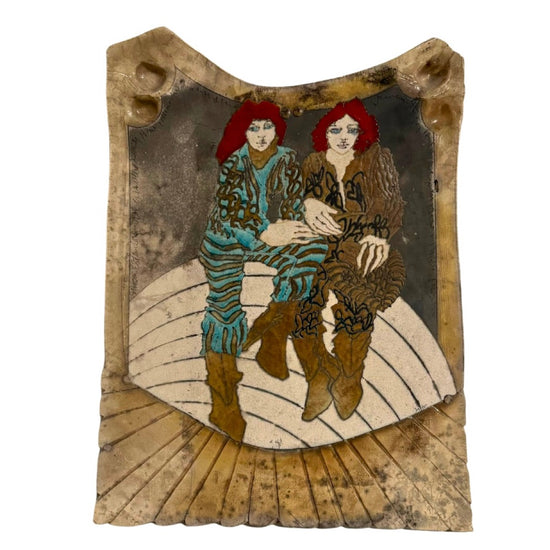 Heavy Ceramic Wall Plaque Featuring Two Red Heads in Cowboy Boots, Signed