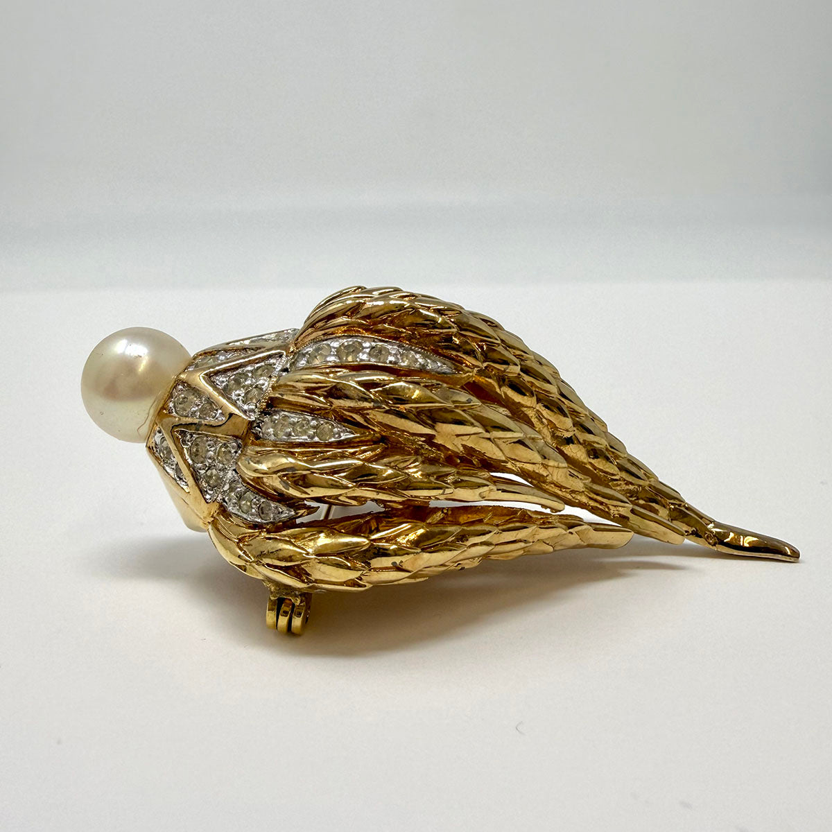 D'Orlan Gold-tone Shell Brooch with Rhinestones and Faux Pearl