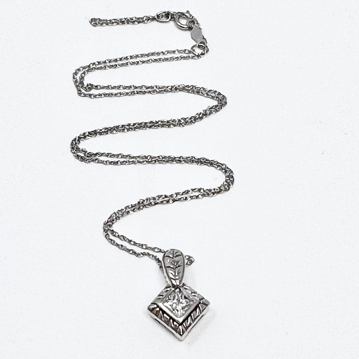 14K White Square Diamond Pendant Necklace