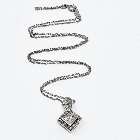 14K White Square Diamond Pendant Necklace