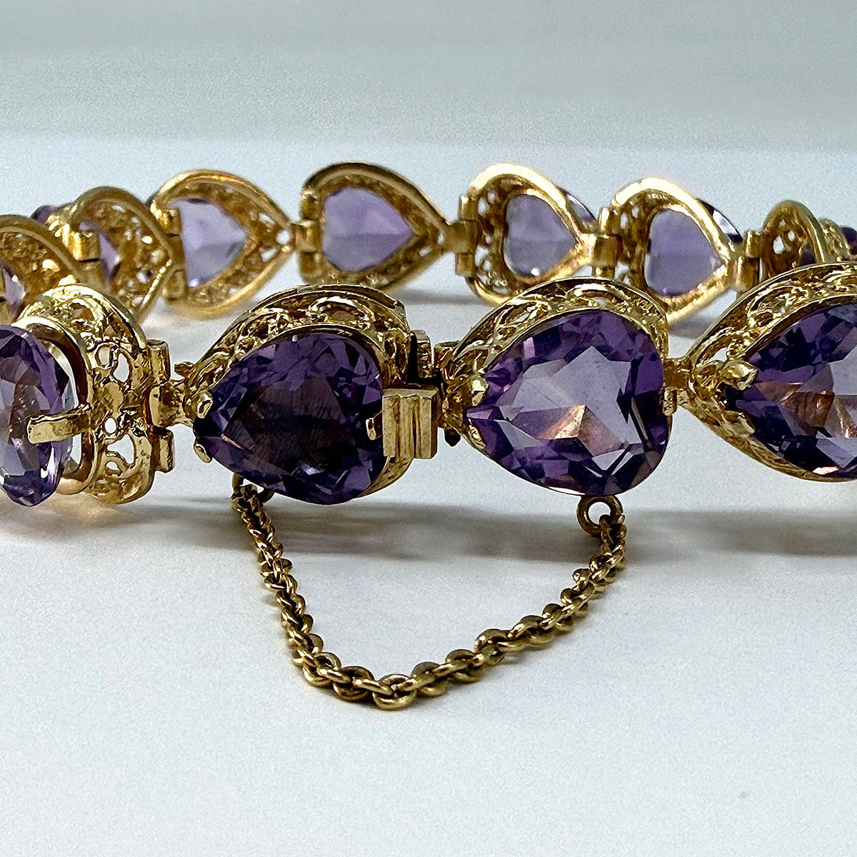 Vintage 14K Gold Heart Shaped Amethyst Link Bracelet
